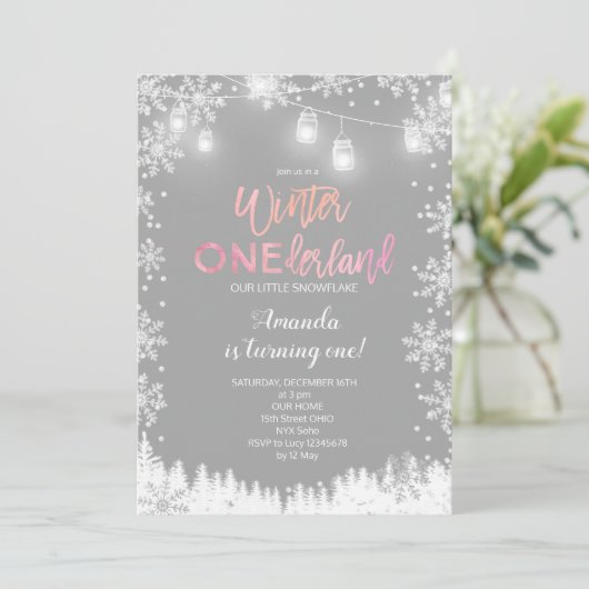 ウィンターワンダーランドスノー誕生日招待状ピンク 招待状 (スタンド正面)