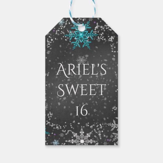 ウィンターワンダーランドチョークティール(緑がかった色)&パープルカスタムパーティー ギフトタグ (正面)