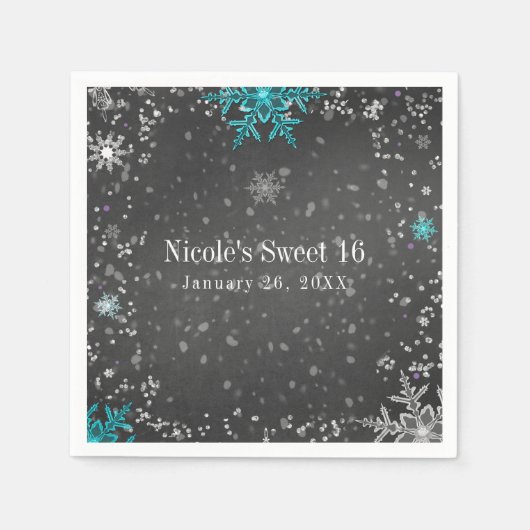 ウィンターワンダーランドチョークティール（緑がかった色）&パープルパーティー スタンダードカクテルナプキン (正面)