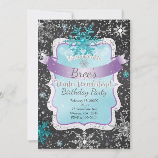 ウィンターワンダーランドティール(緑がかった色)バースデーパーティ招待状 招待状 (正面)