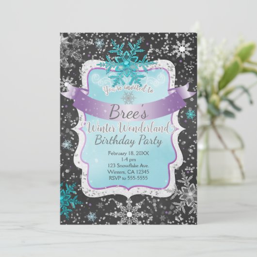 ウィンターワンダーランドティール(緑がかった色)バースデーパーティ招待状 招待状 (スタンド正面)