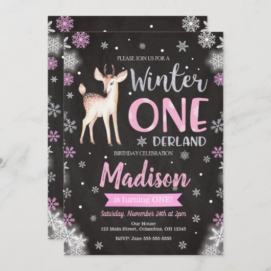 ウィンターワンダーランドディアファースト誕生日招待状 招待状 (正面/裏面)