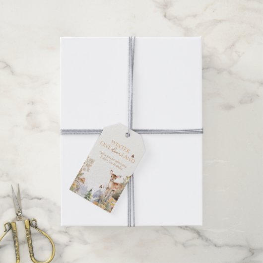 ウィンターワンダーランドディアファースト誕生日 ギフトタグ (より糸付き)