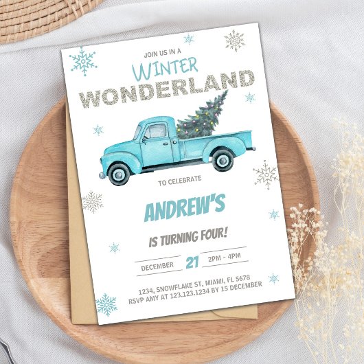 ウィンターワンダーランドトラック誕生日招待状 招待状