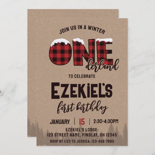 ウィンターワンダーランドバッファロープレイド誕生日パーティー 招待状 (正面/裏面)