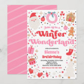 ウィンターワンダーランドピンクのクリスマスバースデーパーティー 招待状 (正面/裏面)