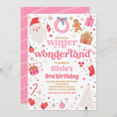 ウィンターワンダーランドピンクのクリスマスバースデーパーティー 招待状 (正面/裏面)