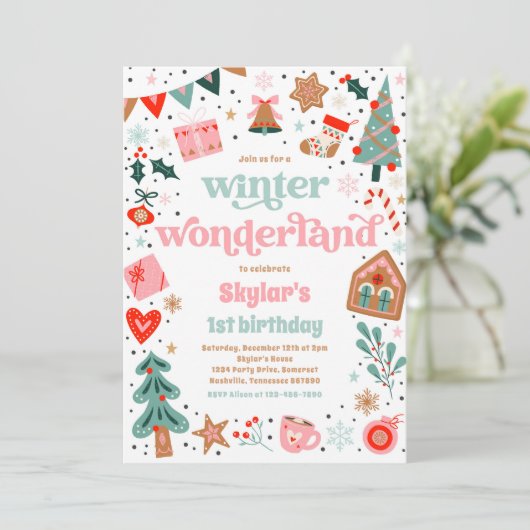 ウィンターワンダーランドピンクのクリスマスバースデーパーティー 招待状 (スタンド正面)