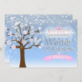 ウィンターワンダーランドピンクの誕生日パーティーへの招待 招待状 (正面/裏面)