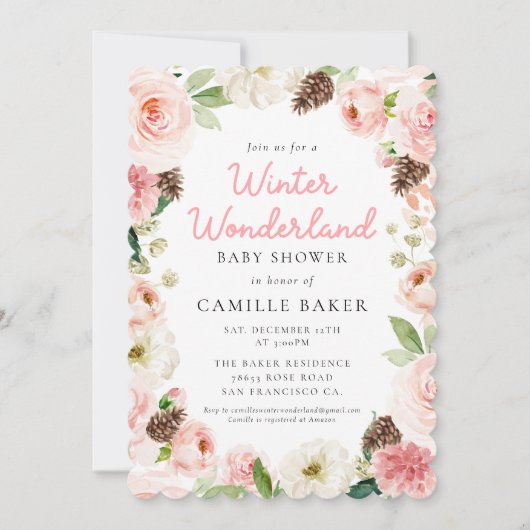 ウィンターワンダーランドピンクガールベビーシャワー招待状 招待状 (正面)