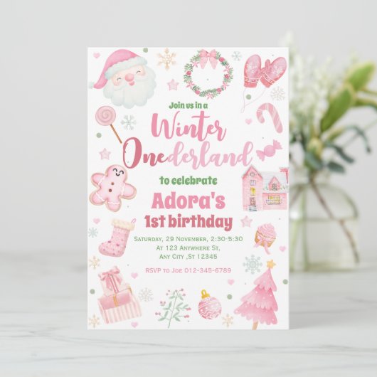 ウィンターワンダーランドピンククリスマス誕生日招待状 招待状 (スタンド正面)