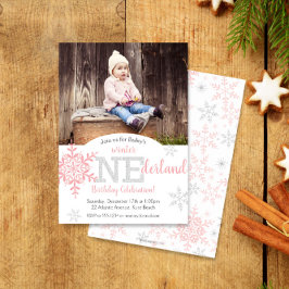 ウィンターワンダーランドピンクシルバーグリッター1st Birthday 招待状