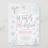 ウィンターワンダーランドピンクシルバースノーフレーク誕生日 招待状 (正面)