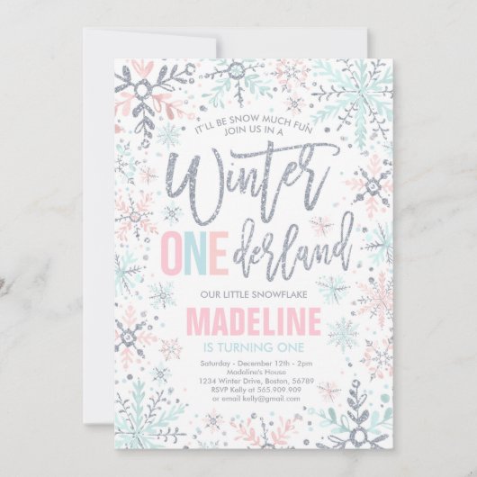 ウィンターワンダーランドピンクシルバースノーフレーク誕生日 招待状 (正面)