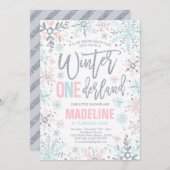 ウィンターワンダーランドピンクシルバースノーフレーク誕生日 招待状 (正面/裏面)