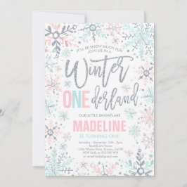 ウィンターワンダーランドピンクシルバースノーフレーク誕生日 招待状