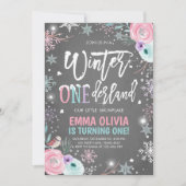 ウィンターワンダーランドピンクシルバーファースト誕生日 招待状 (正面)