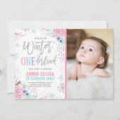 ウィンターワンダーランドピンクシルバーフォト1st誕生日 招待状 (正面)