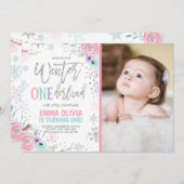 ウィンターワンダーランドピンクシルバーフォト1st誕生日 招待状 (正面/裏面)