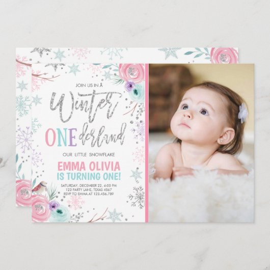 ウィンターワンダーランドピンクシルバーフォト1st誕生日 招待状 (正面/裏面)