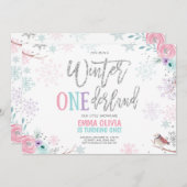 ウィンターワンダーランドピンクシルバーフローラ1st誕生日 招待状 (正面/裏面)