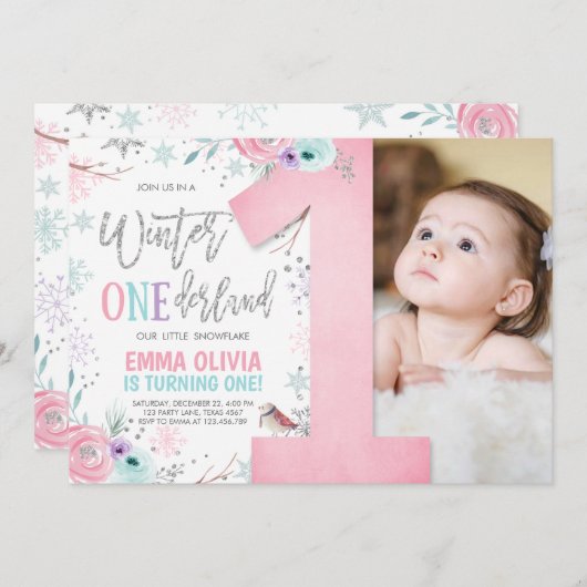 ウィンターワンダーランドピンクシルバーフローラ1st誕生日 招待状 (正面/裏面)