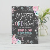 ウィンターワンダーランドピンクシルバーブラックファースト誕生日 招待状 (スタンド正面)