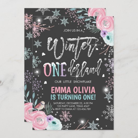 ウィンターワンダーランドピンクシルバーブラックファースト誕生日 招待状 (正面/裏面)