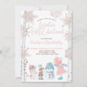ウィンターワンダーランドピンクローズ金ゴールド1st誕生日 招待状 (正面)