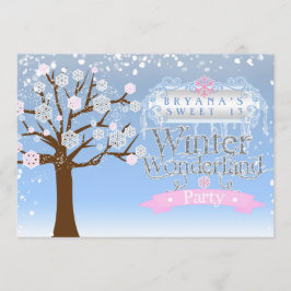 ウィンターワンダーランドピンク誕生日フォト招待状 招待状