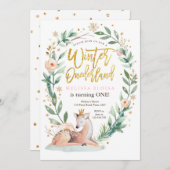 ウィンターワンダーランドピンク金ゴールドウッドランドディアー誕生日 招待状 (正面/裏面)