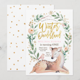 ウィンターワンダーランドピンク金ゴールドガールディアー誕生日 招待状