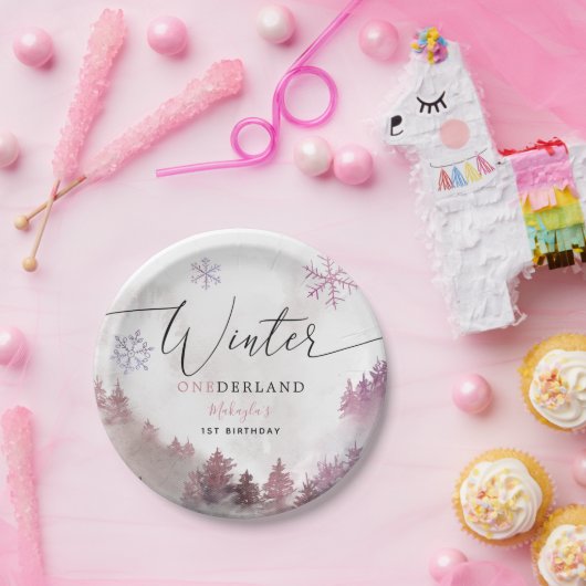 ウィンターワンダーランドピンク雪の山誕生日 ペーパープレート (パーティー)
