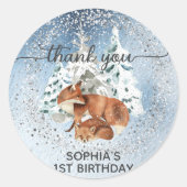 ウィンターワンダーランドファースト誕生日キツネありがとう ラウンドシール (正面)