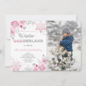 ウィンターワンダーランドファースト誕生日フォト招待状 招待状 (正面)