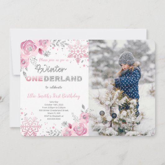 ウィンターワンダーランドファースト誕生日フォト招待状 招待状 (正面)