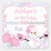ウィンターワンダーランドファースト誕生日雪だるまミッテンス スクエアシール (正面)