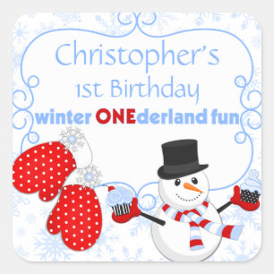ウィンターワンダーランドファースト誕生日雪だるまミッテンス スクエアシール