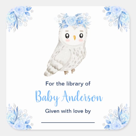 ウィンターワンダーランドフクロウベビーシャワー蔵書票 スクエアシール (正面)