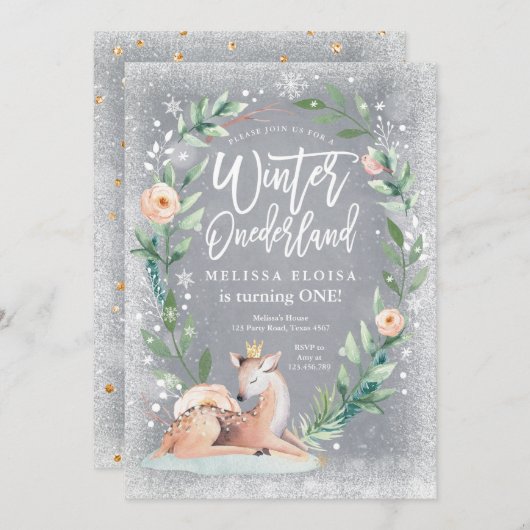 ウィンターワンダーランドフローラシルバーウッドランド誕生日 招待状 (正面/裏面)