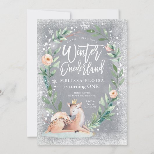 ウィンターワンダーランドフローラシルバーディアー誕生日 招待状 (正面)