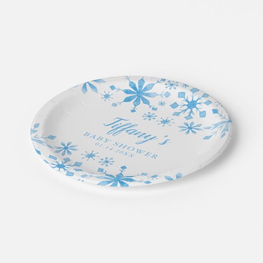ウィンターワンダーランドブルーウォーターカラーベビーシャワー ペーパープレート (アングル)