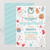 ウィンターワンダーランドブルークリスマス誕生日パーティー 招待状 (正面/裏面)