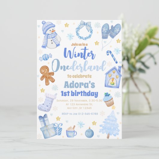 ウィンターワンダーランドブルークリスマス誕生日招待状 招待状 (スタンド正面)