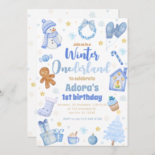 ウィンターワンダーランドブルークリスマス誕生日招待状 招待状 (正面/裏面)