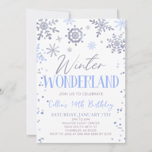 ウィンターワンダーランドブルースノーフレーク誕生日パーティー 招待状 (正面)