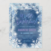 ウィンターワンダーランドブルースノーフレーク誕生日 招待状 (正面/裏面)