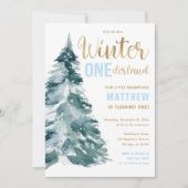 ウィンターワンダーランドブルー金ゴールドボーイ1歳の誕生日 招待状 (正面)