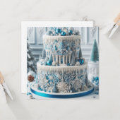 ウィンターワンダーランドブルー&ホワイトお誕生日ケーキ カード (正面/裏面インサイチュ)