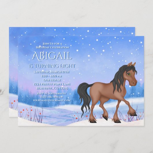 ウィンターワンダーランドベイホース&スノー誕生日 招待状 (正面/裏面)